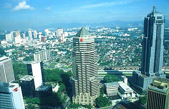 Petronas Twin Towers city panorama view from skybridge