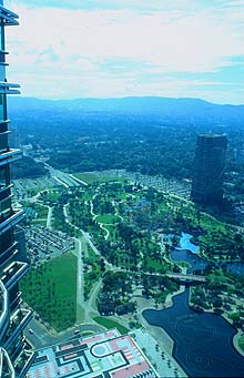 Petronas Twin Towers view on KLCC park from skybridge