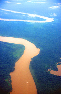 Miri boat on Baram river from aircraft on flight from Mulu to Miri