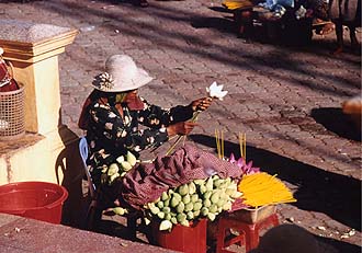 Vetika Oumtouk Temple, Phnom Penh: lotus flowers and incense sticks