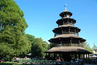 MUC Munich - beer garden with Chinese Tower and blossoming chestnut trees in the middle of the English Garden 01 3008x2000