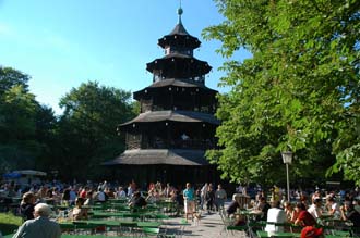 MUC Munich - beer garden with Chinese Tower and blossoming chestnut trees in the middle of the English Garden 02 3008x2000