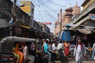 AGR Agra - busy street in Kinari Bazaar in the Old Town Area with Jama Masjid mosque 3008x2000