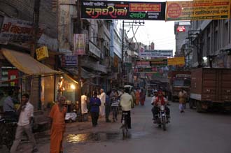 VNS Varanasi or Benares - busy street scene near Dasaswamedh Ghat by dawn 3008x2000