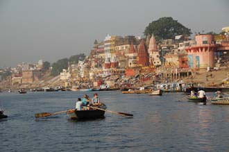 VNS Varanasi or Benares - river trip on the Ganges with panorama view to the Ghats 3008x2000