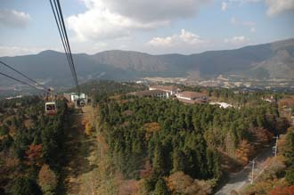 NRT Hakone - Ubako station and colourful autumn leaves on trees view from cable-car or ropeway line between Owakudani volcanic hot springs and Togendai 3008x2000