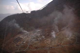 NRT Hakone - panorama view on volcanic steams and sulphur mining gorge from cable-car or ropeway between Soun-zan and Owakudani 3008x2000