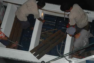 BMU Komodo Island Pulau Sabola Besar Island crew members killing a water snake in the dinghy 1 3008x2000
