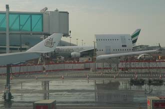 DXB Dubai International Airport - Terminal 1 with Airbus A380 mock-up at the gate in january 2006 3008x2000