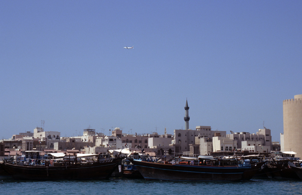 DXB Dubai creek - Deira panorama with Emirates Airlines aircraft 5340x3400