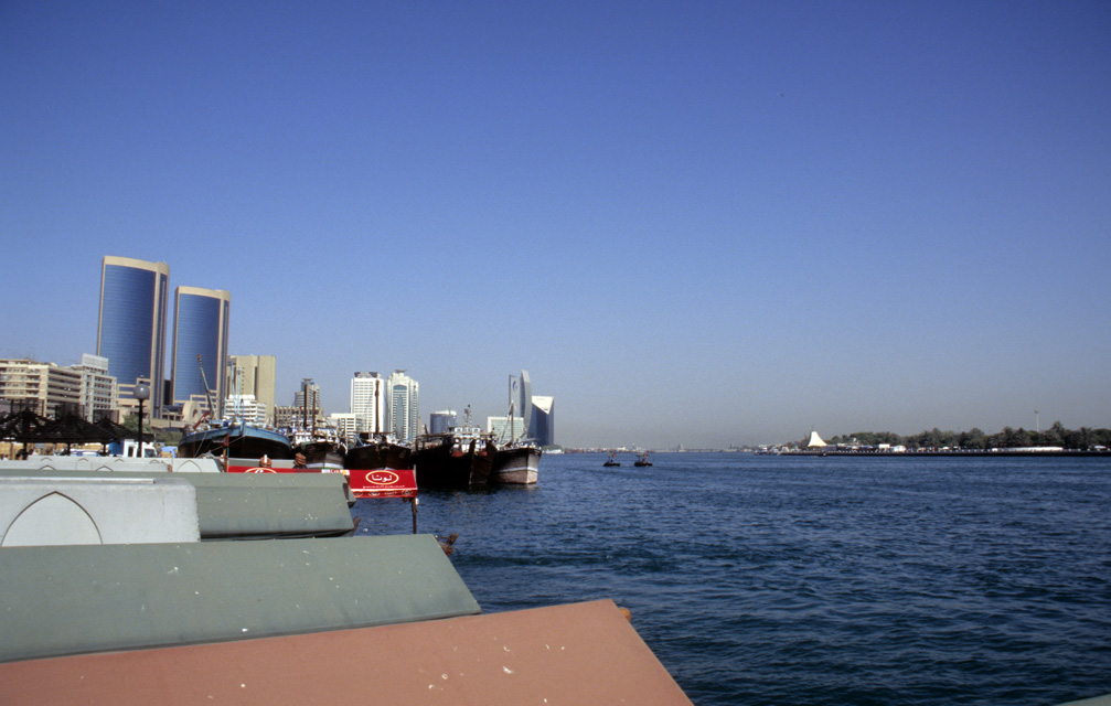DXB Dubai creek - creek panorama from Deira with dhows and abra boats 01 5340x3400