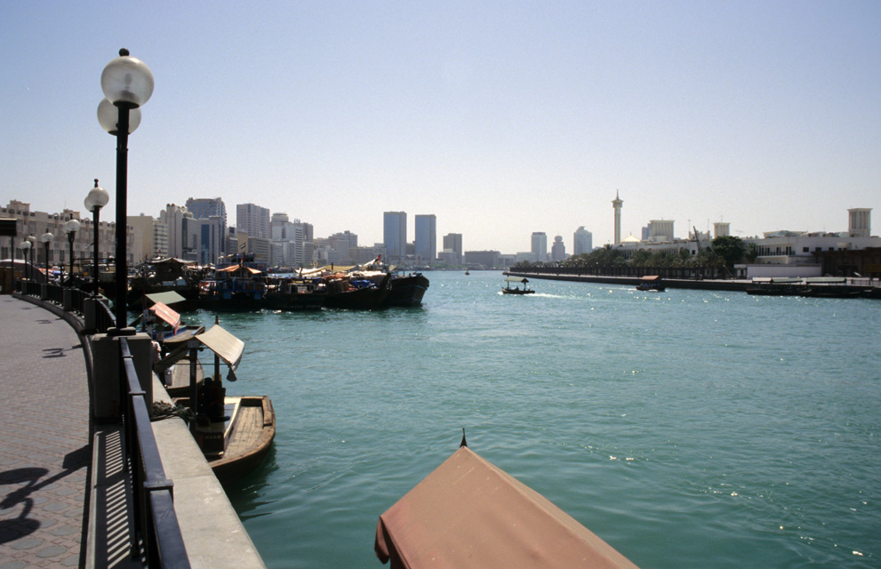 DXB Dubai creek - creek panorama from Deira with dhows and abra boats 02 5340x3400