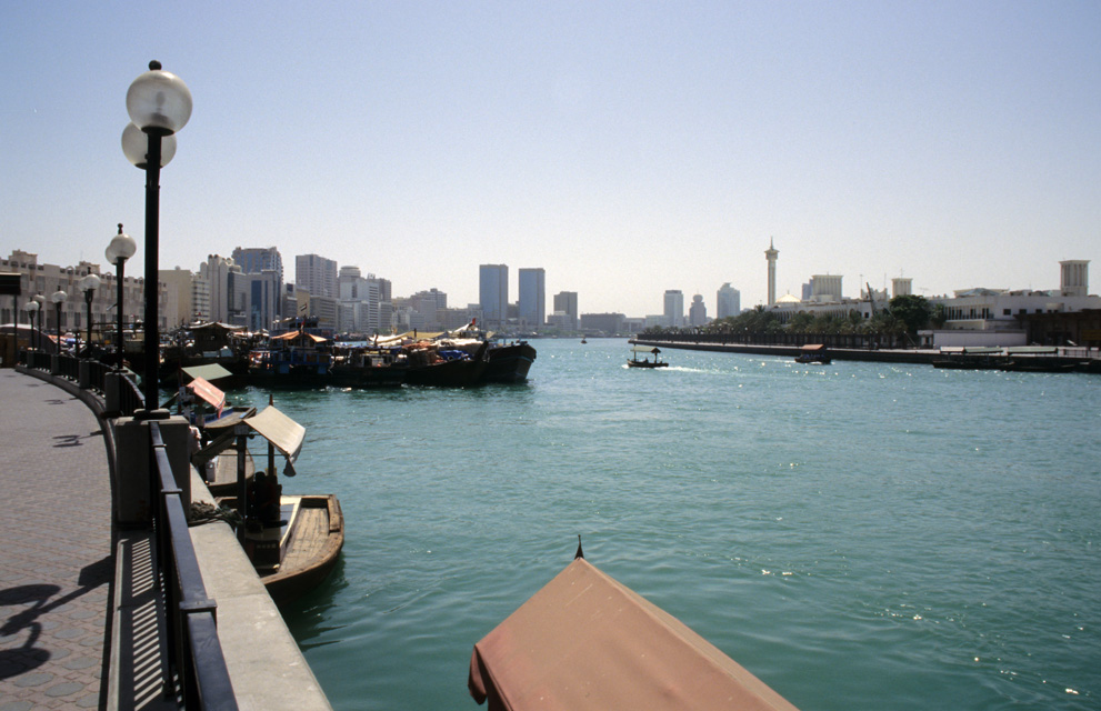 DXB Dubai creek - creek panorama from Deira with dhows and abra boats 02 5340x3400