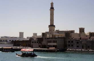 DXB Dubai creek - mosque in Bur Dubai with abra boat 5340x3400