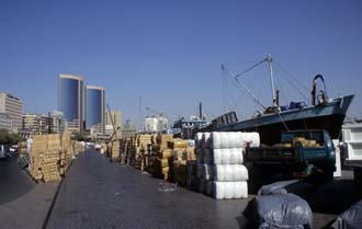 DXB Dubai - Deira dhow wharfage with cargo and twin towers 02 5340x3400