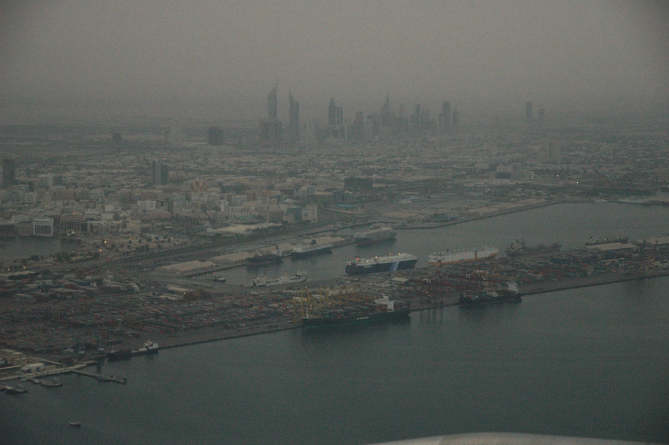 DXB Dubai from aircraft - Port Rashid and the Jumeirah skyscrapers at dawn 02 3008x2000