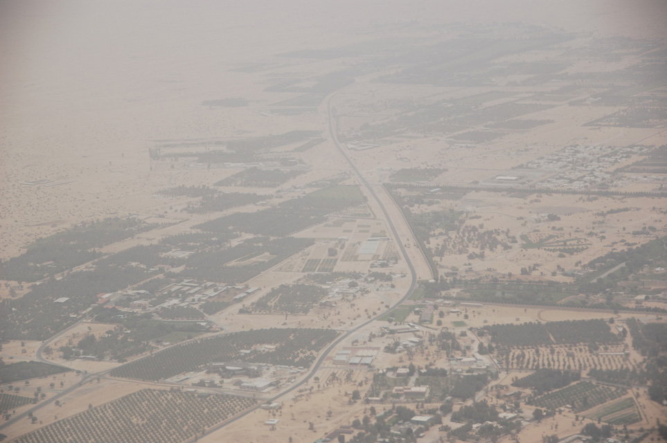 DXB Dubai from aircraft - residential area with trees on the border with the desert 03 3008x2000