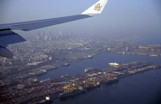 DXB Dubai from aircraft - Port Rashid with Dubai skyline 5340x3400