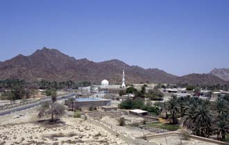 DXB Hatta Heritage Village - panorama of Hatta Town with mosque and dramatic mountain scenery from watchtower 5340x3400