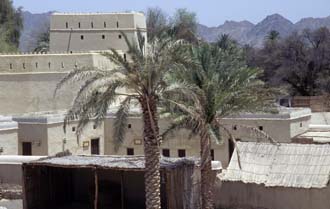 DXB Hatta Heritage Village - traditional fort with palm-trees, houses and Hajar mountains 5340x3400