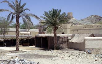 DXB Hatta Heritage Village - traditional houses with palm-trees and watchtower 5340x3400