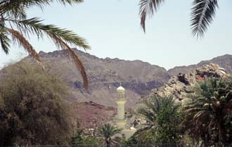 DXB Hatta Heritage Village - view of Hatta mosque minaret with palm-trees and Hajar mountains 5340x3400