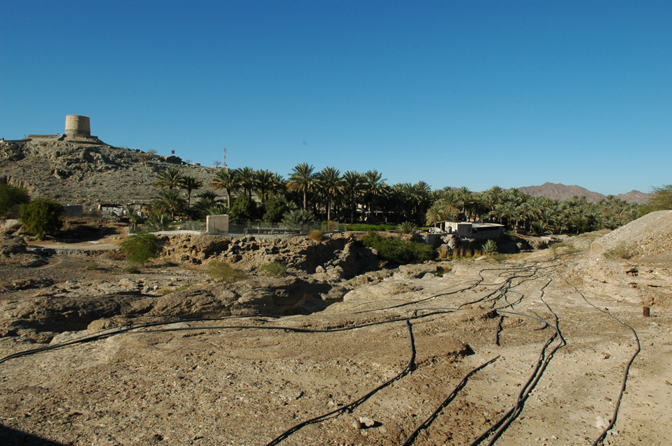 DXB Hatta - watchtower with palm plantation and irrigation pipes in the wadi 3008x2000