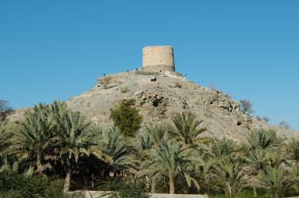 DXB Hatta - watchtower in central Hatta with palm trees 01 3008x2000
