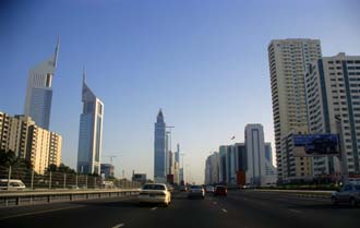 DXB Dubai Jumeirah Beach - skyscrapers on Sheikh Zayed Road in Jumeirah with Emirates Towers 5340x3400