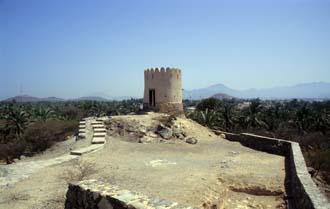 DXB Bidiya - watchtower above Bidiya mosque panorama with palm plantation and Hajar mountain range 5340x3400